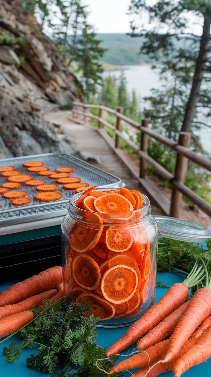 Dehydrated carrot slices in a jar with fresh carrots and a hiking trail in the background.